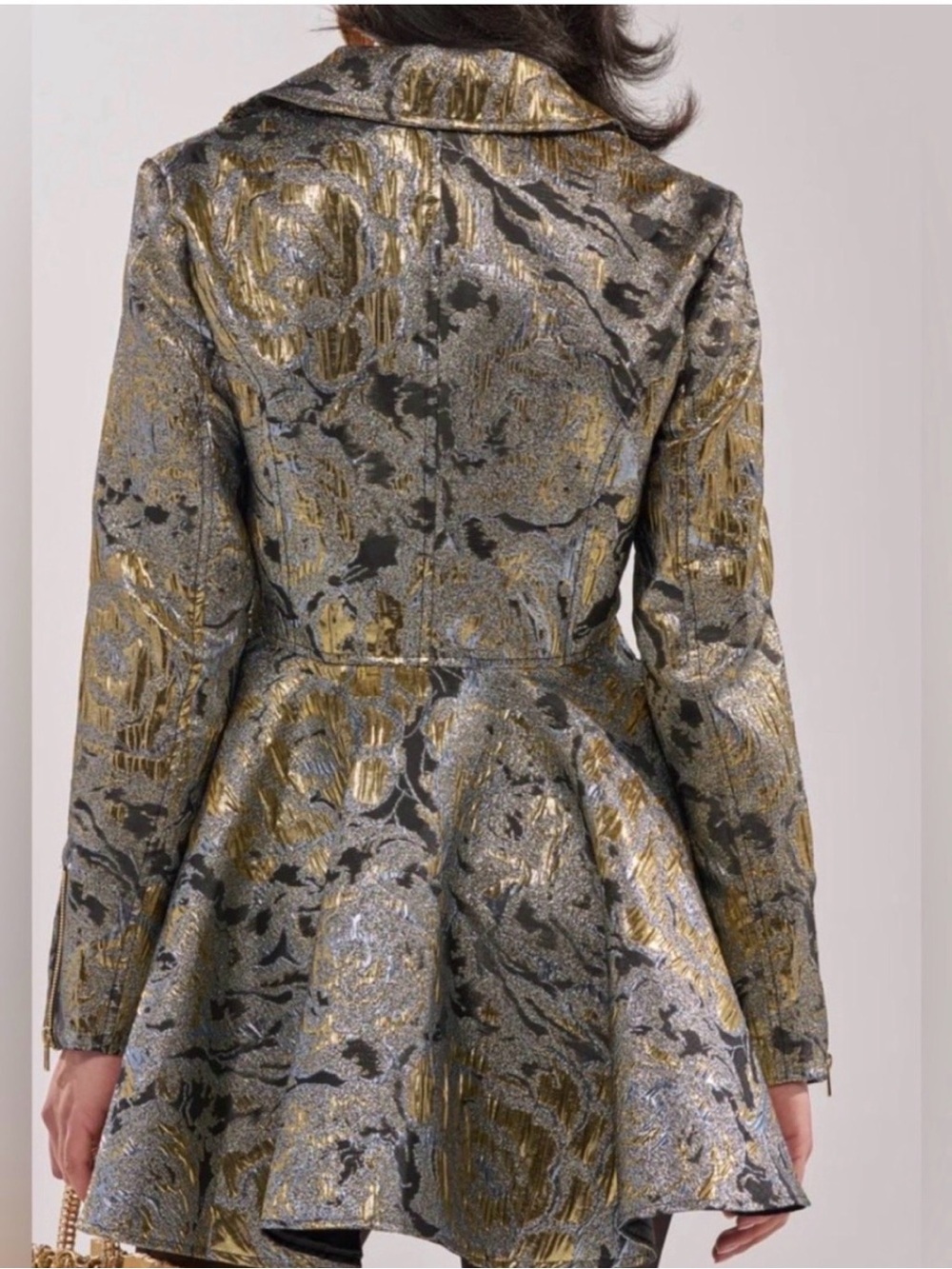 AKIRA Gold and Black Floral Brocade Belted Peplum Jacket - Picture 5 of 6